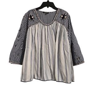 Hannah Embroidered Peasant Blouse Size Small Boho Gingham Plaid Floral Cottage